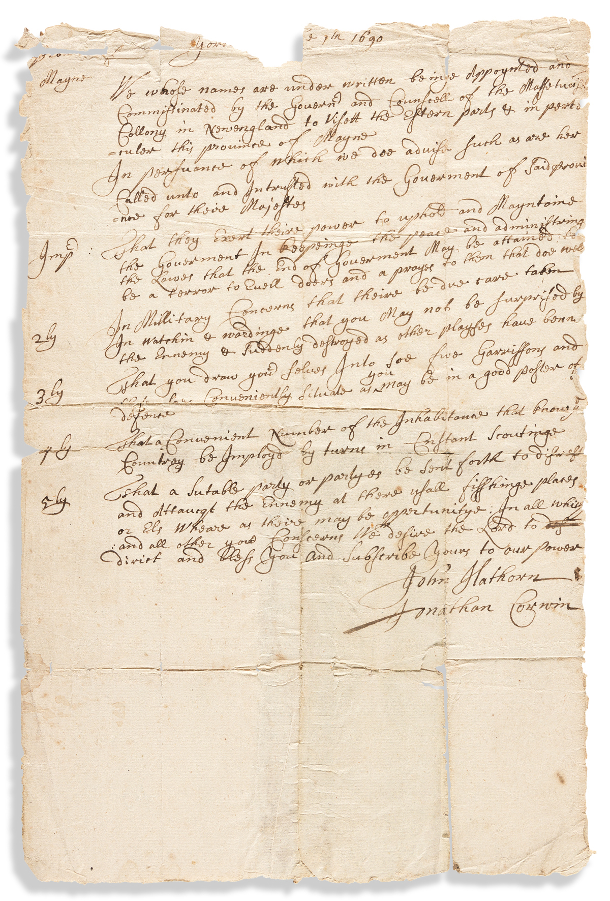 (COLONIAL WARS.) Order regarding protection of the Maine frontier, from two future Salem witch trial judges.
